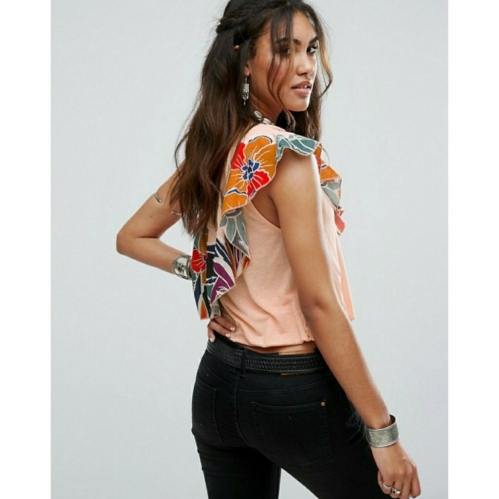 Free People Annka Bubble Tropical One Shoulder Vacation Blouse In Peach Medium - Picture 3 of 15